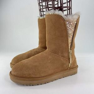 UGG Australia Womens Classic Sequin Zip Boots US 8 chestnut Sheepskin short boot